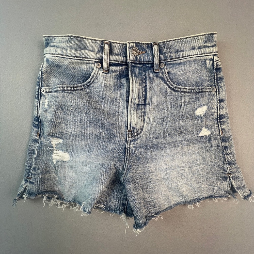 Express Denim Shorts Womens 4 Blue Acid Wash Distressed High Rise Raw Hem Boho‎
